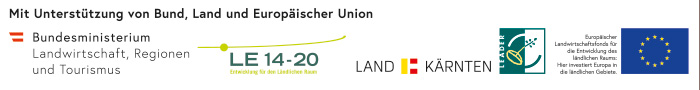 Das Bild zeigt die Logos der Sponsoren. Die Logos repräsentieren das "Bundesministerium für Landwirtschaft, Regionen und Tourismus", "LE14-20 Entwicklung für den ländlichen Raum", "Land Kärnten" und das EU-Logo "Europäischer Landwirtschaftsfonds für die Entwicklung des ländlichen Raums: Hier investiert Europa in die ländlichen Gebiete"
